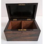 19th CENTURY ROSEWOOD TEA CADDY with a domed lid opening to reveal two compartments, now lacking