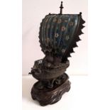 19th CENTURY BRONZE TAKARABUNE with a cloisonne sail and lift up deck section to reveal an incense