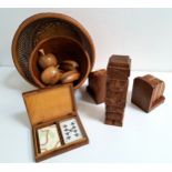 SELECTION OF CARVED AND INLAID WOODEN ITEMS comprising an inlaid card box, specimen wood eggs and