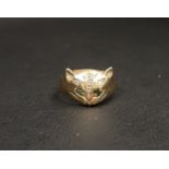 EMERALD AND DIAMOND CAT DESIGN NINE CARAT GOLD RING the cat with emerald eyes and diamond set