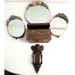 THREE BARBOLA MIRRORS a relief decorated metal jewellery box and a cast iron door knocker surmounted