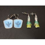 TWO PAIRS OF ENAMEL DECORATED SILVER EARRINGS one Norwegian pair with textured blue enamel by Knut