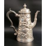 GEORGE II SILVER COFFEE POT the conical pot with profuse embossed floral and scroll decoration,