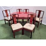 CHINESE HARDWOOD DINING TABLE AND CHAIRS the table with a pull apart top with two extra leaves, with
