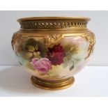 ROYAL WORCESTER JARDINIERE BY J. LLEWELLYN of circular form with pierced rim, the body decorated