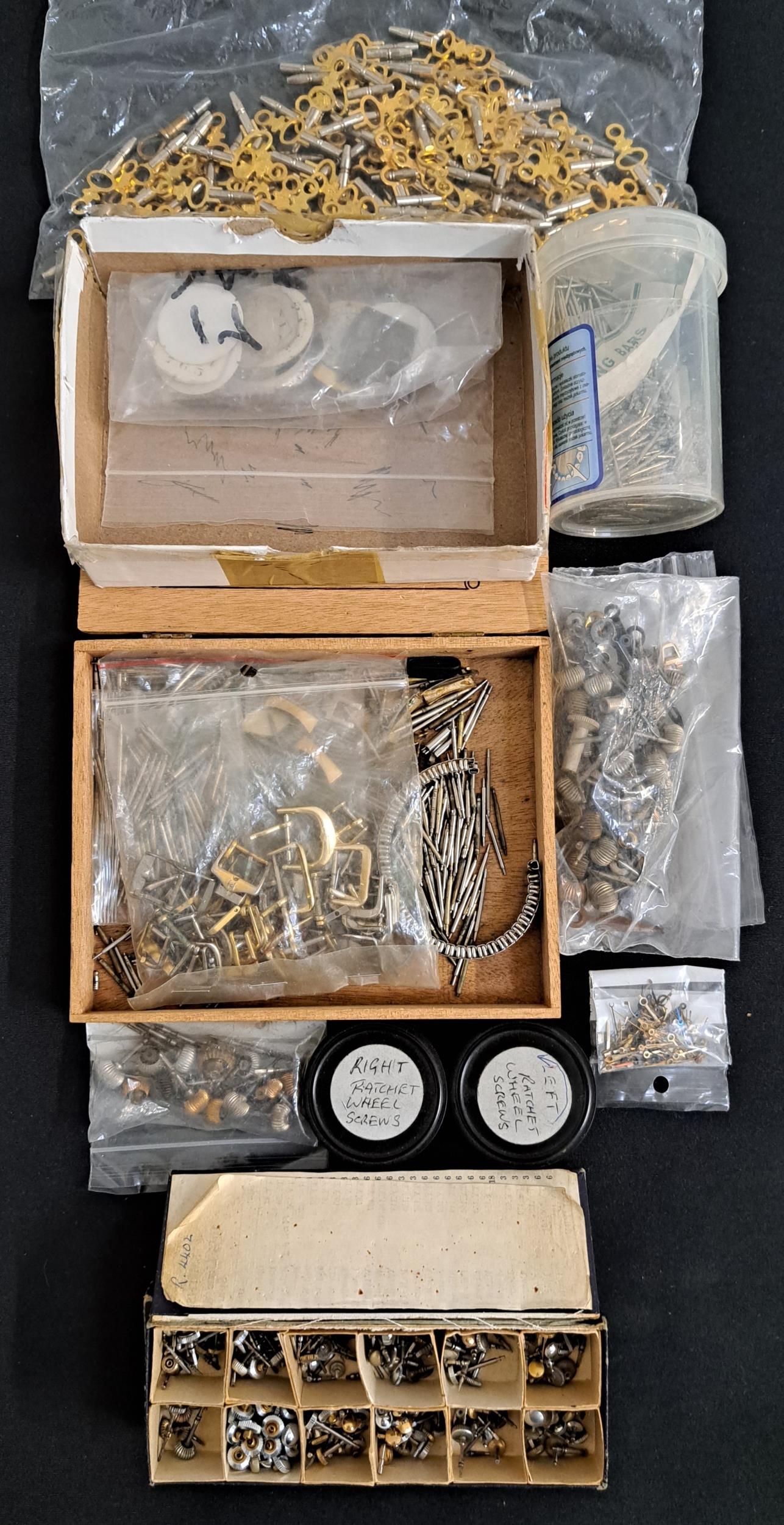 LARGE SELECTION OF WATCH PARTS including left and right ratchet wheel screws, strap pins, buckles