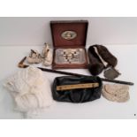 SELECTION OF CLOTHING AND ACCESSORIES comprising a Gladstone style handbag, a boxed ivorine manicure