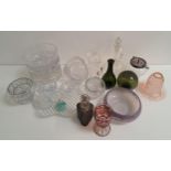 SELECTION OF CRYSTAL AND GLASSWEAR including a purple Vasart glass bowl, a vintage fishing float