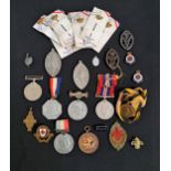 SELECTION OF MEDALS BADGES AND PINS including Elizabeth II coronation pins and lapel badges, two