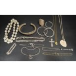 SELECTION OF SILVER JEWELLERY including hoop earrings, chain bracelets, necklaces, a pearl necklace,
