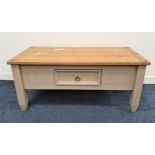 PINE OCCASIONAL TABLE with a rectangular top above a grey painted lower section with a panelled