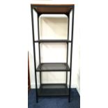 SET OF METAL OPEN SHELVES with a wood effect top above three black pierced metal shelves, 136cm x