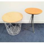 BEECH OCCASIONAL TABLE with a circular top on three metal shaped supports, 61.5cm high, together