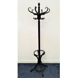 EBONISED HAT AND COAT STAND the central turned column with six shaped hat and coat hooks above