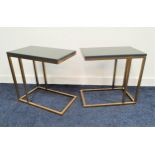 PAIR OF OCCASIONAL TABLES with grey gloss rectangular tops on brass effect shaped basses, 44.5cm