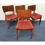 SET OF FOUR BEAUTILITY TEAK DINING CHAIRS with shaped backs above stuffover seats, standing on