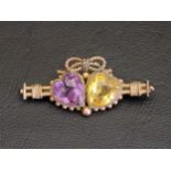 UNUSUAL VICTORIAN AMETHYST AND CITRINE SET BROOCH the two heart shaped gemstones surmounted by