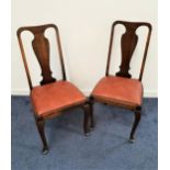 PAIR OF QUEEN ANNE STYLE DINING CHAIRS with a central splat above a padded drop in seat, standing on