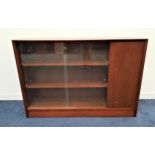 GIBBS TEAK SIDE CABINET with a rectangular top above a pair of glass sliding doors and a cupboard