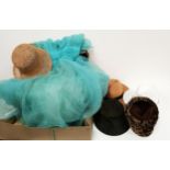 VINTAGE DRESS AND SELECTION OF HATS the dress a strapless evening gown in turquoise taffeta, size
