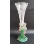 DAUM SOLIFLOR NATURE VASE with a clear glass trumpet supported by a green pate sur pate base