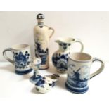 SELECTION OF DUTCH DELFT WARES including two tankards, clog, bottle and stopper, jug and water jug