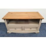 PINE SIDE CABINET with a rectangular top above a grey painted lower section with a shelf and two