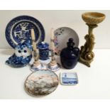 MIXED LOT OF CERAMICS including a pair of blue and white candle sticks with Delft marked candles,