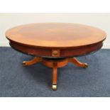 ORNATE MAHOGANY OCCASIONAL TABLE with a circular sectional and crossbanded top above a deep frieze