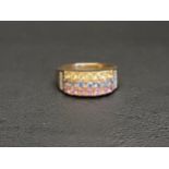 COLOURFUL TOPAZ AND DIAMOND DRESS RING the three rows of pink, blue and yellow topaz gemstones