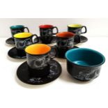 CROWN DEVON HARLEQUINN COFFEE SERVICE comprising six cups with different coloured interiors, six