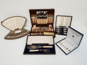 SELECTION OF SILVER PLATED FLATWARE comprising an ivorine handled pair of fish servers, six coffee