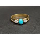 TURQUOISE AND DIAMOND THREE STONE RING the central oval cabochon turquoise flanked by round cut