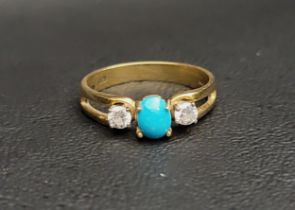 TURQUOISE AND DIAMOND THREE STONE RING the central oval cabochon turquoise flanked by round cut