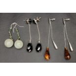 THREE PAIRS OF SILVER MOUNTED DROP EARRINGS comprising one pair set with jade coloured hardstone