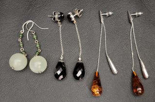 THREE PAIRS OF SILVER MOUNTED DROP EARRINGS comprising one pair set with jade coloured hardstone