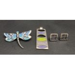 MALCOLM GRAY SILVER PENDANT AND PAIR OF EARRINGS the pendant with pierced detail and enamel