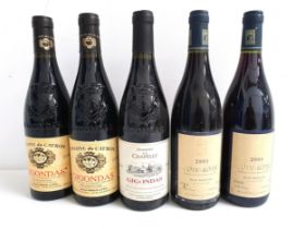 FIVE BOTTLES OF FRENCH RED WINE comprising two bottles of Rene Rostaing Cote Rotie - 1x 2004 (12.5%)