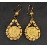 PAIR OF HIGH CARAT GOLD DROP EARRINGS the centres in the form of half sovereigns, indistinct