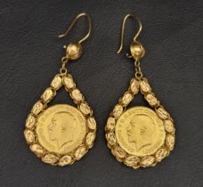 PAIR OF HIGH CARAT GOLD DROP EARRINGS the centres in the form of half sovereigns, indistinct