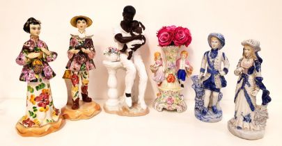 SIX CONTINENTAL POTTERY FIGURINES comprising a Japanese man and woman, 36cm high, man and woman in