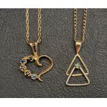 TWO GEM SET TEN CARAT GOLD PENDANTS one of heart design set with sapphires and the other with two