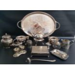 SELECTION OF SILVER PLATE including a large oval tray, spirit kettle on stand, cigarette box, pair