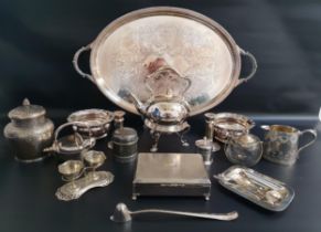 SELECTION OF SILVER PLATE including a large oval tray, spirit kettle on stand, cigarette box, pair