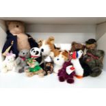 FOURTEEN VARIOUS TEDDY BEARS including Paddington with a blue duffle coat and red wellies,