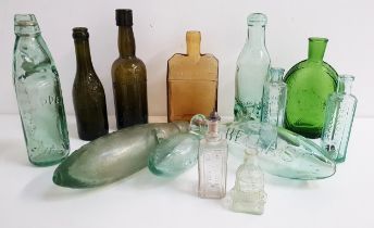 SELECTION OF VINTAGE GLASS BOTTLES comprising three torpedo bottles marked 'Corry Belfast', 'P.