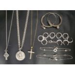 SELECTION OF SILVER JEWELLERY including circular link chain bracelet, a CZ set cross necklace, a