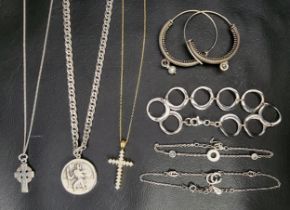 SELECTION OF SILVER JEWELLERY including circular link chain bracelet, a CZ set cross necklace, a