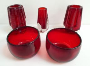 SELECTION OF RUBY RED GLASSWARE comprising a pair of shallow bowls, 11.5cm diameter, a pair of 1970s