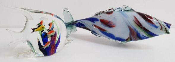 LARGE MURANO GLASS FISH with a multi coloured body and clear glass fins, 31.5cm long, together